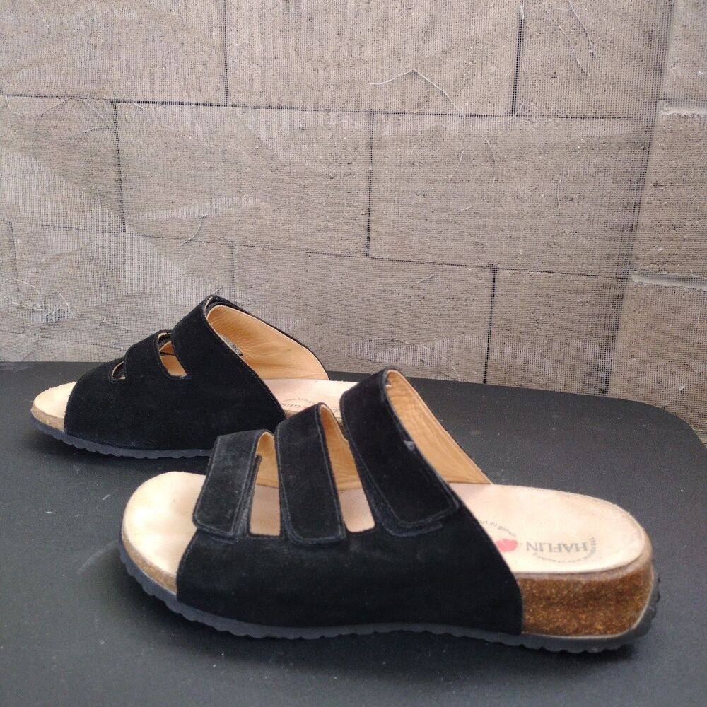 Haflinger Sandals Womens EUR 41 US 10 Slide Flats Slip On Black Suede Open Toe